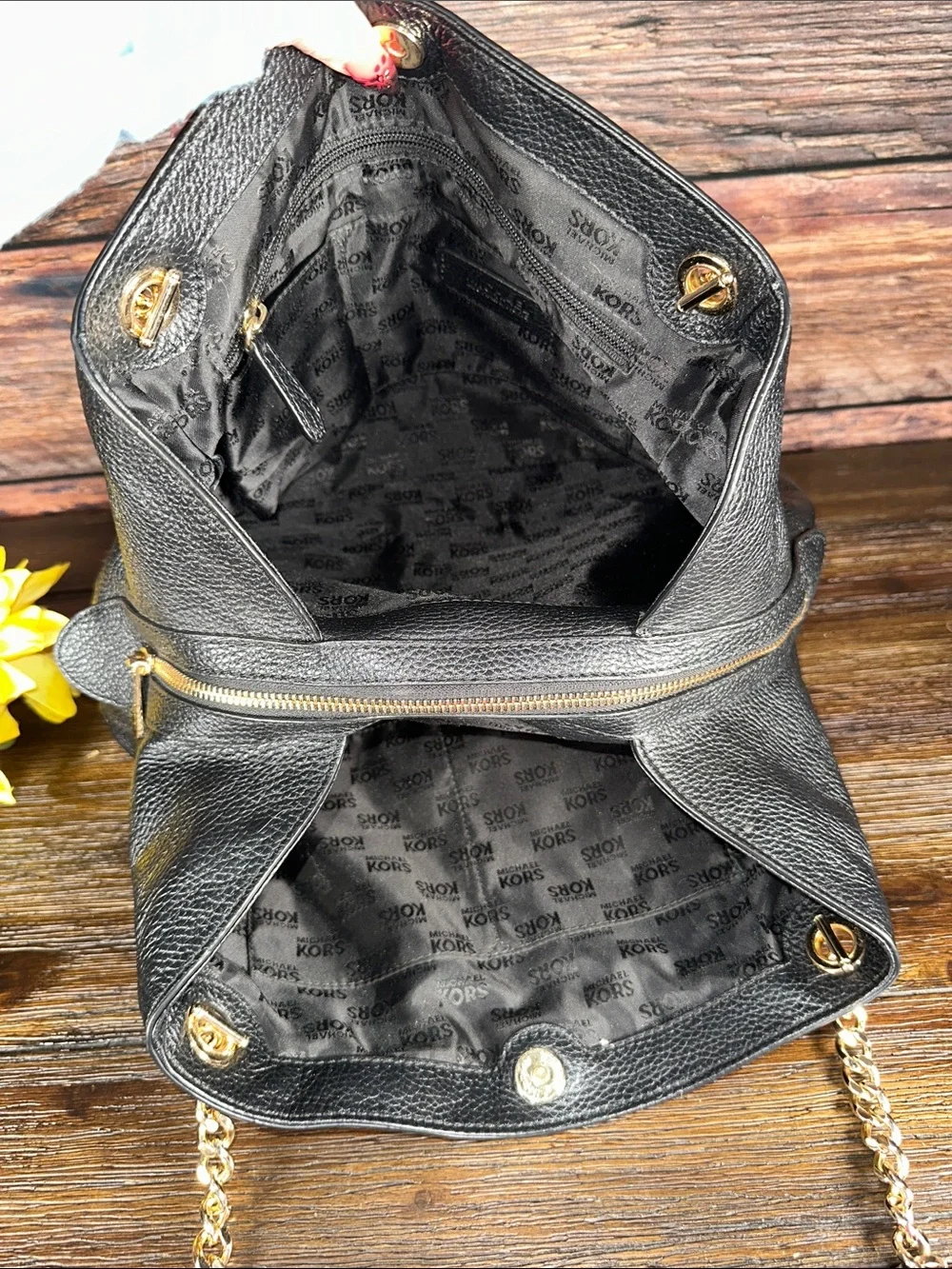 Michael Kors Black Leather 3 Compartment Shoulder Bag with Gold Chain Straps
